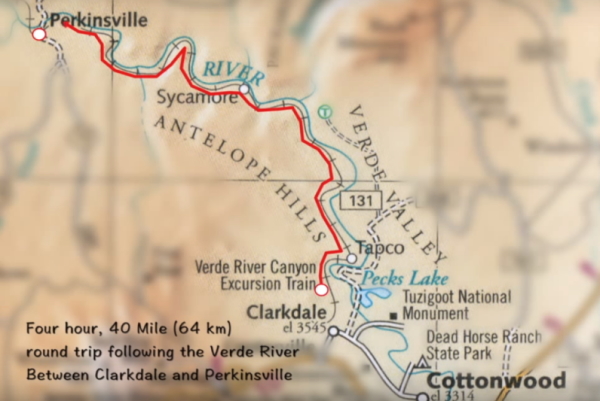 『ヴェルデキャニオン鉄道（Verde Canyon Railroad）』路線図画像